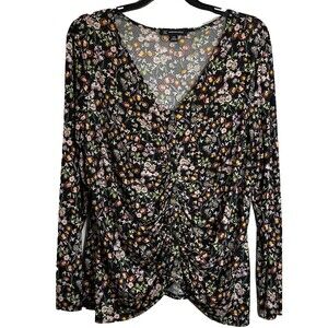 INC International Concepts Top Sz PL Floral Ruched Front Button Up V-Neck Blouse